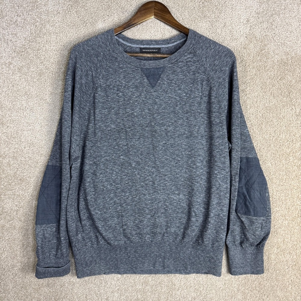 Banana Republic Sweatshirt Mens Large Navy‎ Cotton Crewneck Elbow Patch Pullover